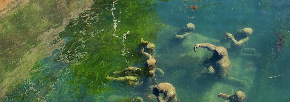 Another view of the sculptural grouping of Agnete and the Merman--minus Agnete--with long grasses and moss waving in the blue-green water around their feet.