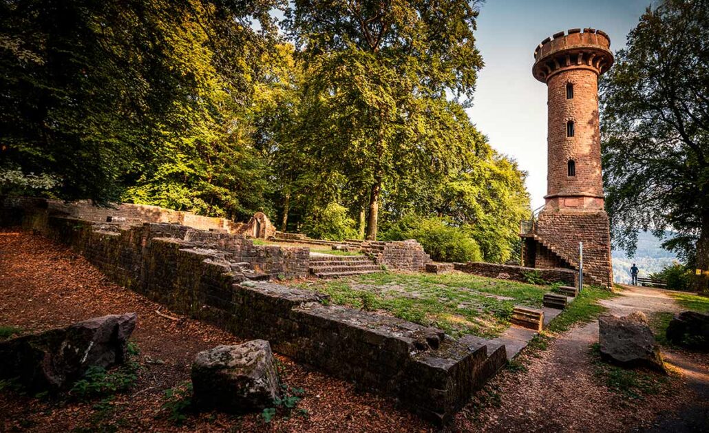 A view of the medieval ruins of the Stephanskloster with the 19th-century added tower in the back. The ruins are built of deep red sandstone.
