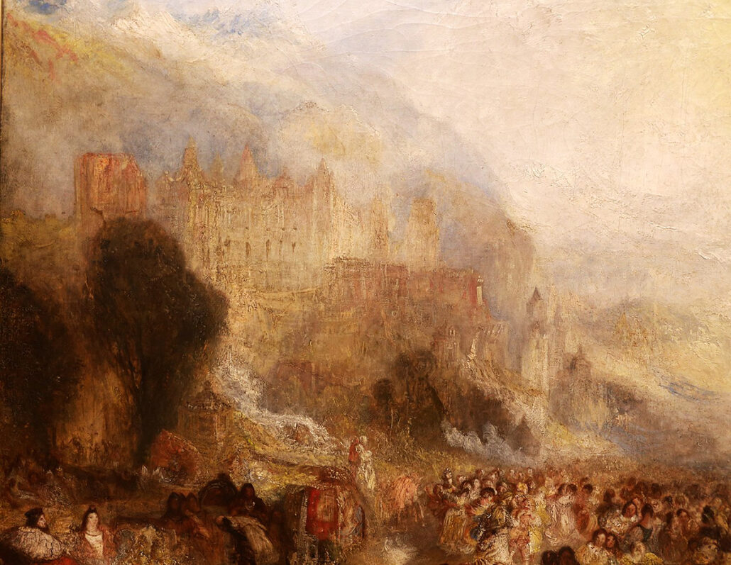 A painting by JMW Turner done in his characteristic filmy, cloudy style, with lots of yellows and grays in the sky and the castle almost lost in haze.