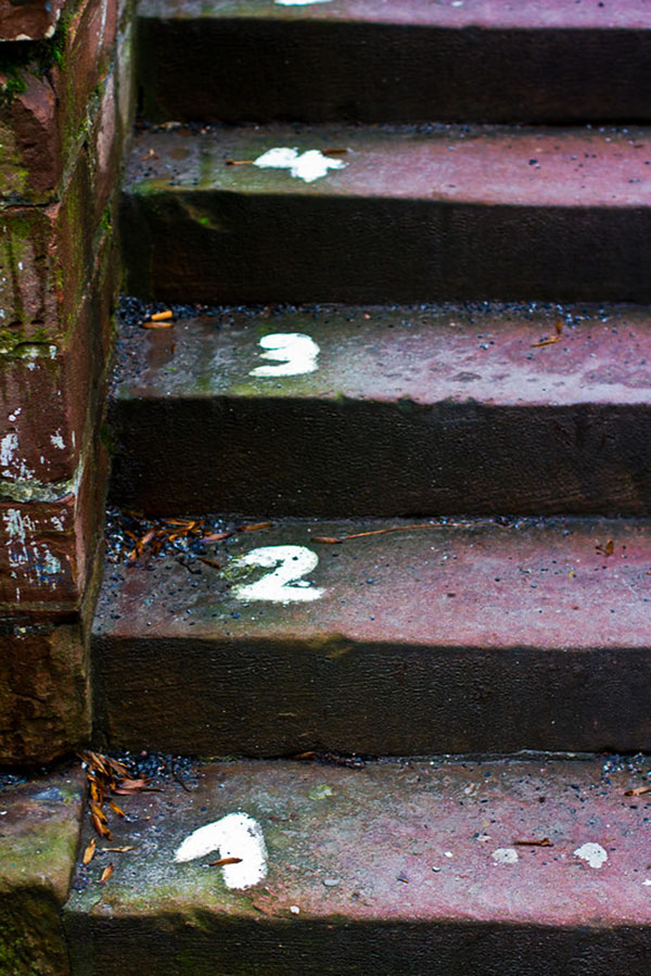 A close-up look at the first few stone stairs leading up to Heidelberg Castle from the Old Town. Dark gray stone with numbers painted on them in white paint.