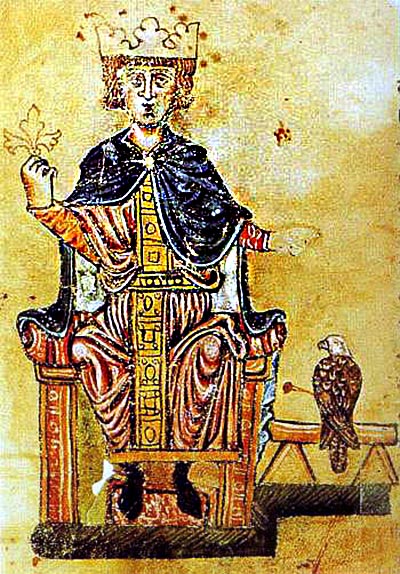 A Medieval painting of Holy Roman emperor Frederic II, He sits on a throne with a trefoil leaf in his right hand. On a stool at his left is an eagle. In the German Pharmacy Museum.