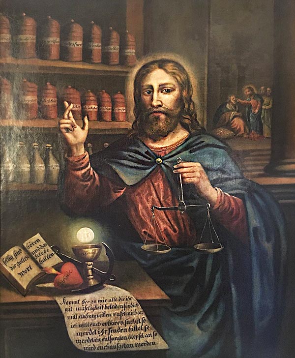 A painting of Jesus Christ as a pharmacist/healer. He holds a druggist's scale in one hand, for weighing souls. Behind him are shelves lined with labeled porcelain jars.